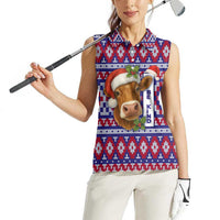 Cow in Santa Hat Be Kind Message Women Sleeveless Polo Shirt with Red Blue Knit Pattern Design - Wonder Print Shop