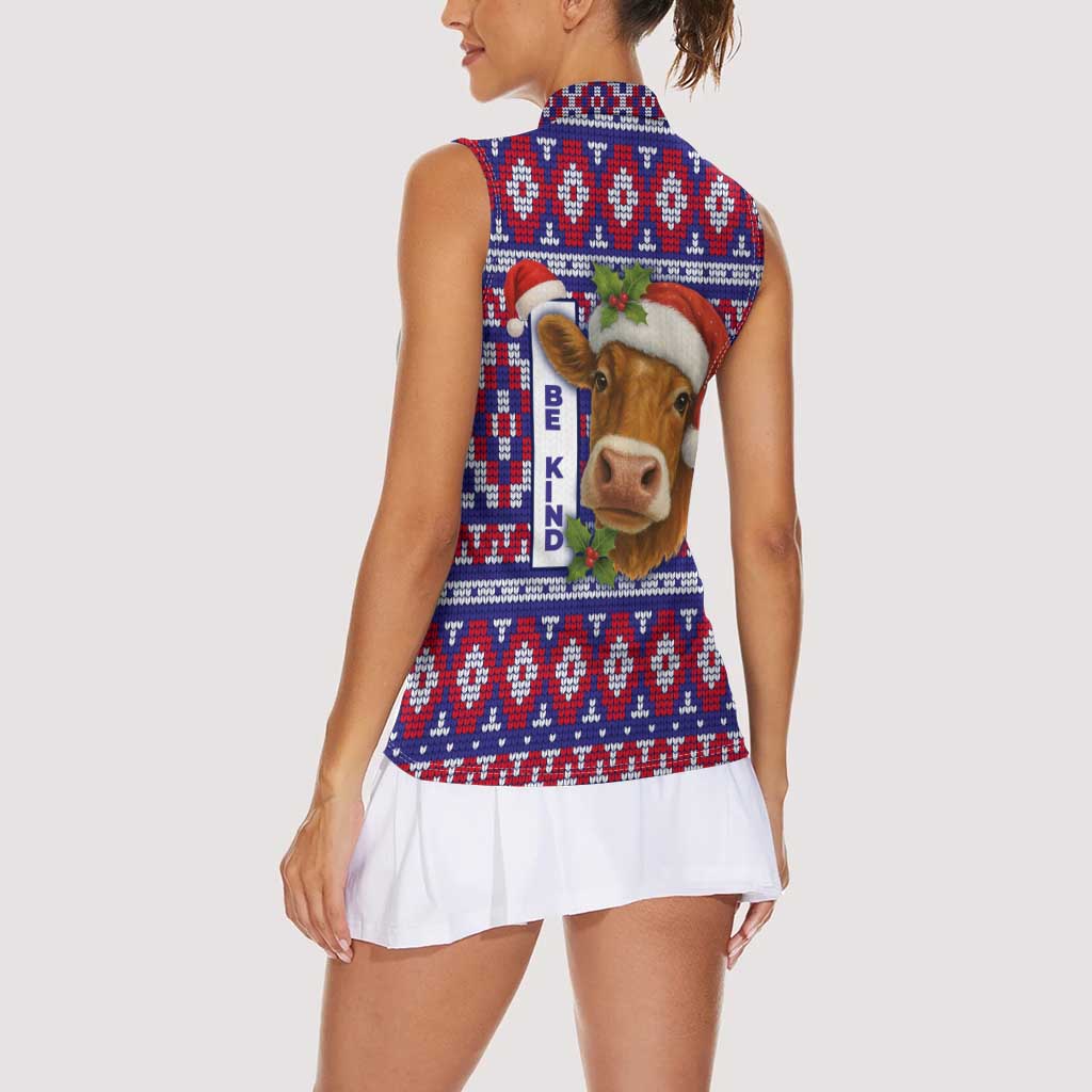 Cow in Santa Hat Be Kind Message Women Sleeveless Polo Shirt with Red Blue Knit Pattern Design - Wonder Print Shop