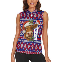 Cow in Santa Hat Be Kind Message Women Sleeveless Polo Shirt with Red Blue Knit Pattern Design - Wonder Print Shop