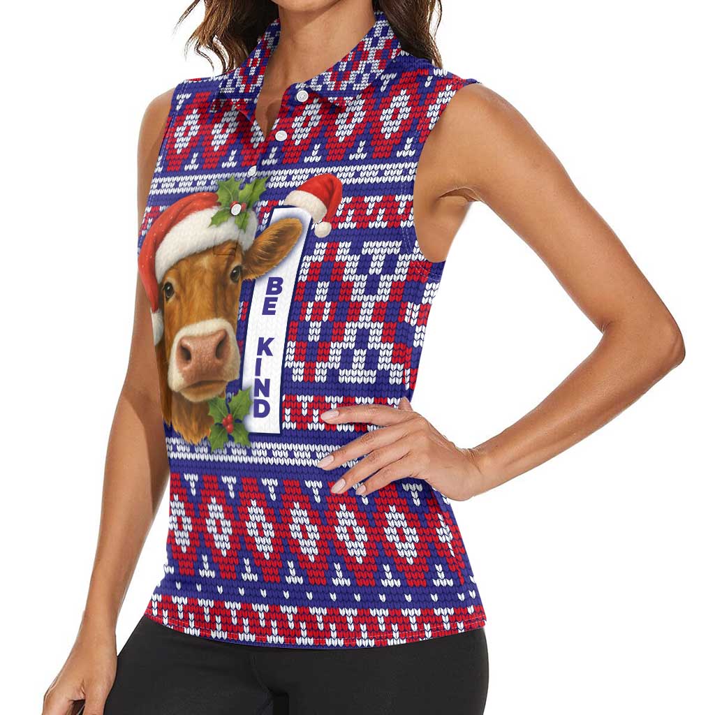 Cow in Santa Hat Be Kind Message Women Sleeveless Polo Shirt with Red Blue Knit Pattern Design - Wonder Print Shop