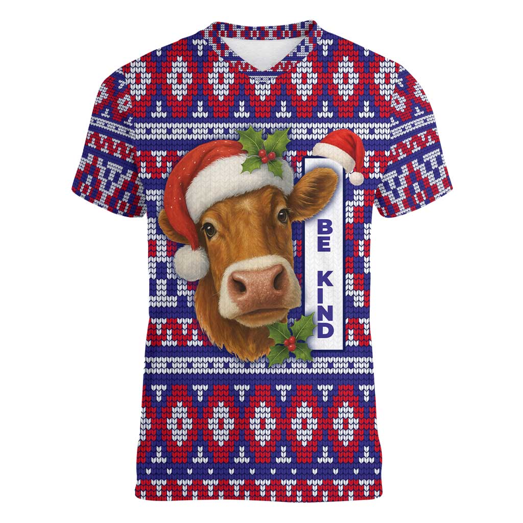Cow in Santa Hat Be Kind Message Women V-Neck T-Shirt with Red Blue Knit Pattern Design - Wonder Print Shop