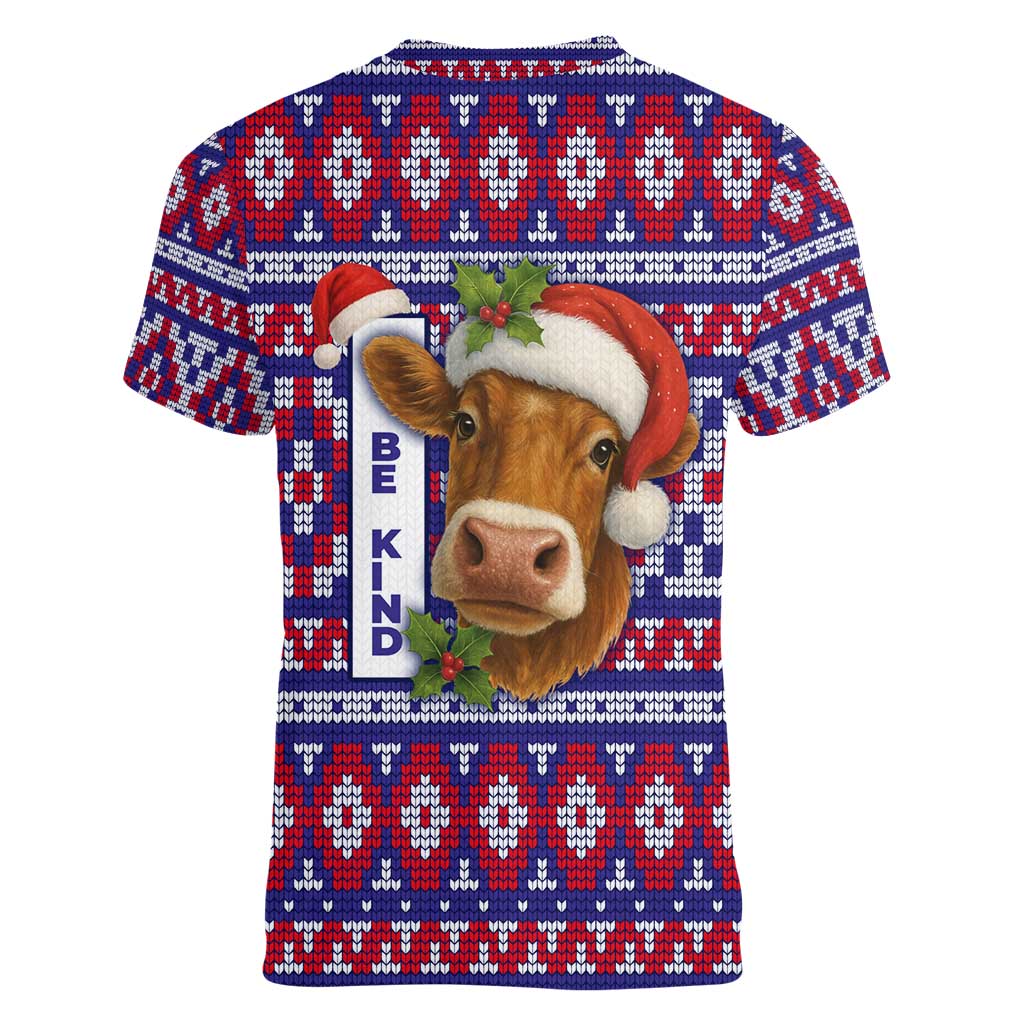 Cow in Santa Hat Be Kind Message Women V-Neck T-Shirt with Red Blue Knit Pattern Design - Wonder Print Shop