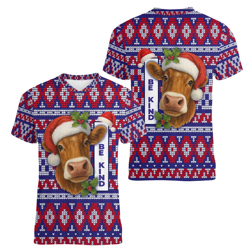 Cow in Santa Hat Be Kind Message Women V-Neck T-Shirt with Red Blue Knit Pattern Design - Wonder Print Shop