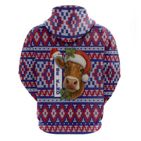 Cow in Santa Hat Be Kind Message Zip Hoodie with Red Blue Knit Pattern Design - Wonder Print Shop