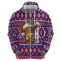 Cow in Santa Hat Be Kind Message Zip Hoodie with Red Blue Knit Pattern Design - Wonder Print Shop
