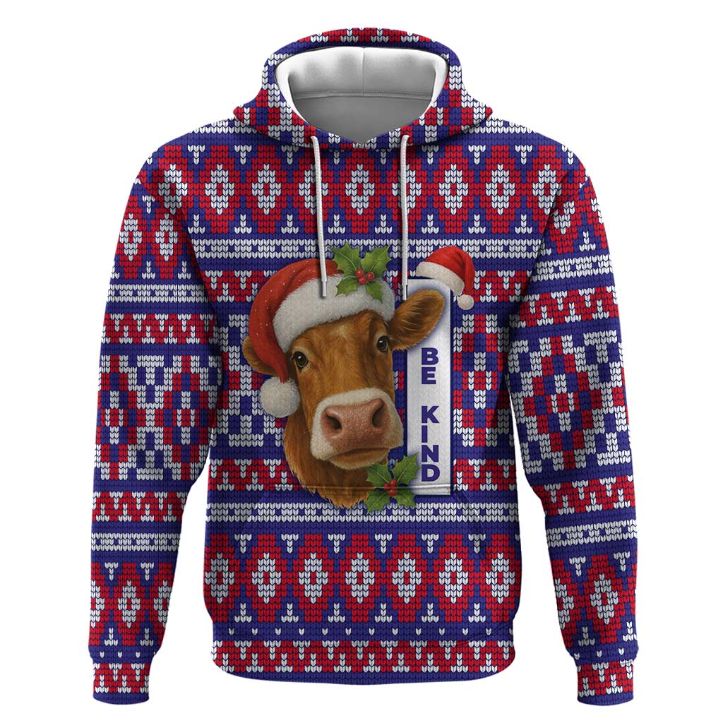 Cow in Santa Hat Be Kind Message Zip Hoodie with Red Blue Knit Pattern Design - Wonder Print Shop