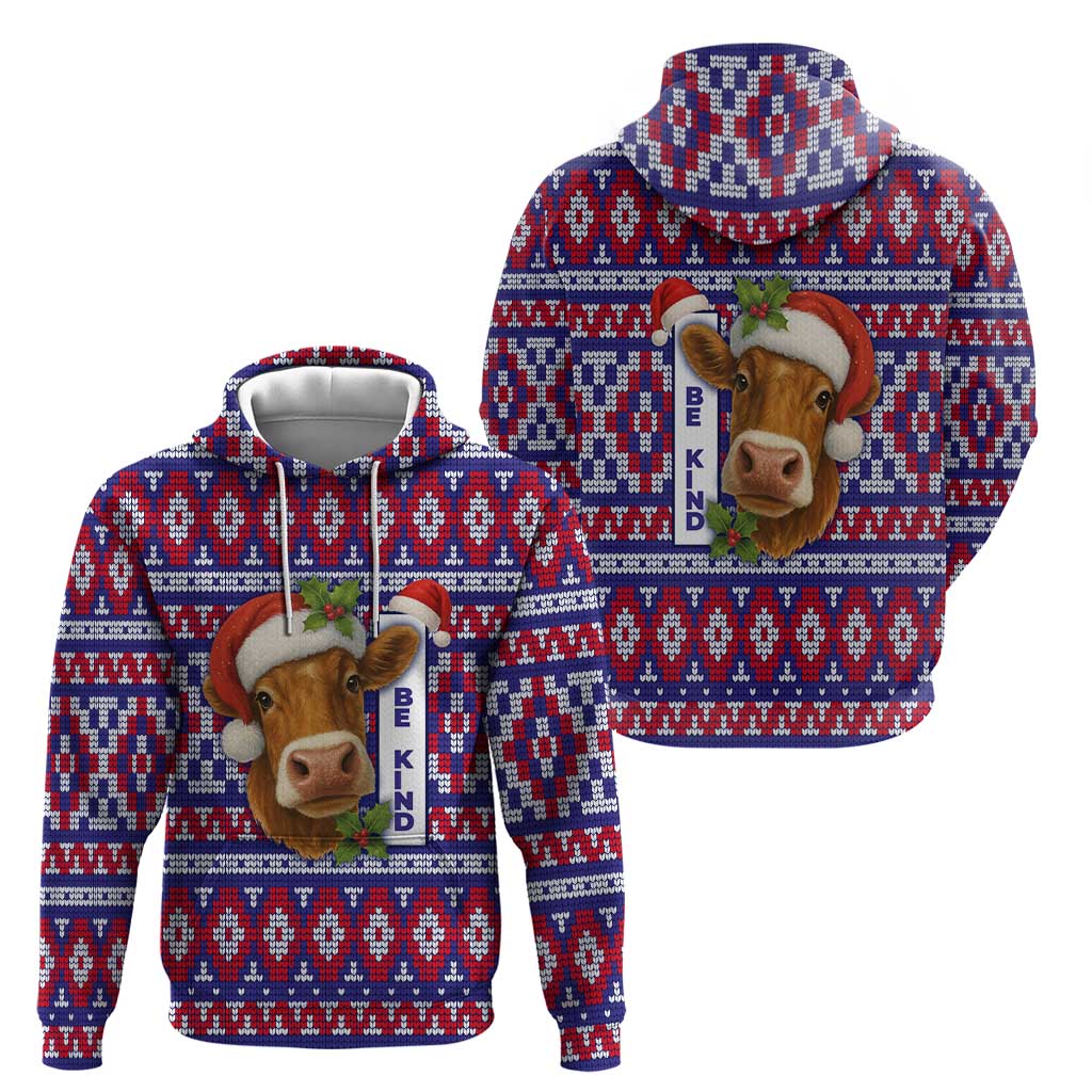 Cow in Santa Hat Be Kind Message Zip Hoodie with Red Blue Knit Pattern Design - Wonder Print Shop