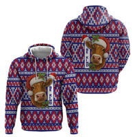 Cow in Santa Hat Be Kind Message Zip Hoodie with Red Blue Knit Pattern Design - Wonder Print Shop