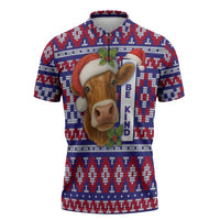 Cow in Santa Hat Be Kind Message Zipper Polo Shirt with Red Blue Knit Pattern Design - Wonder Print Shop