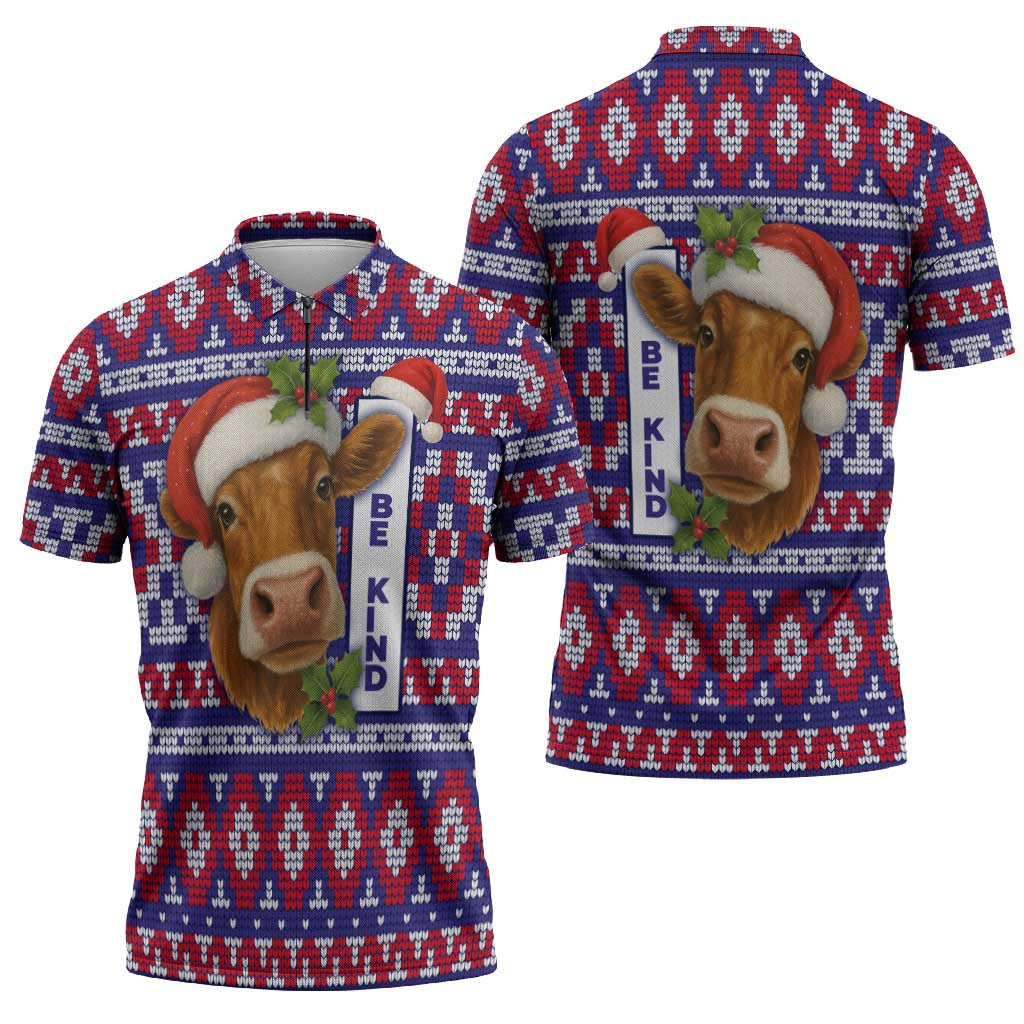 Cow in Santa Hat Be Kind Message Zipper Polo Shirt with Red Blue Knit Pattern Design - Wonder Print Shop