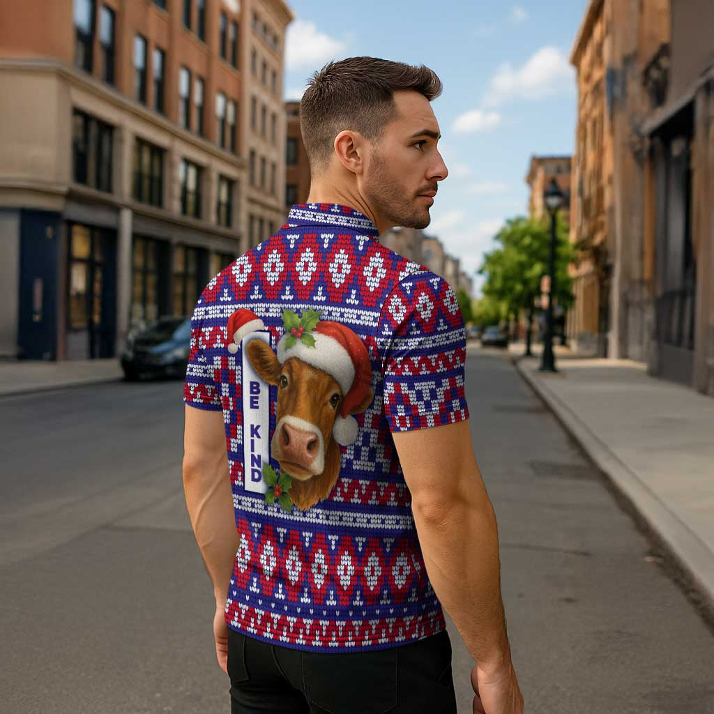 Cow in Santa Hat Be Kind Message Zipper Polo Shirt with Red Blue Knit Pattern Design - Wonder Print Shop