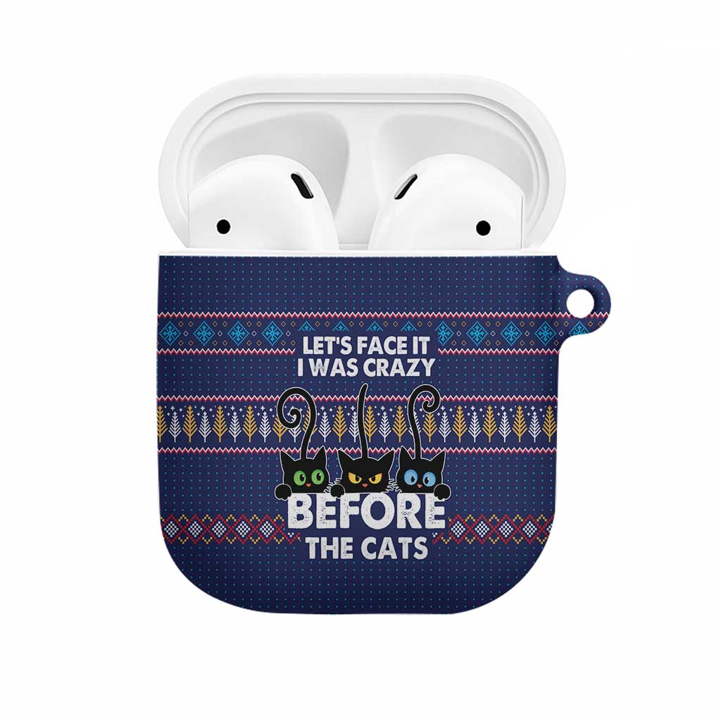 Crazy Cat Lover AirPods Case with Black Cats and Funny Quote in Blue Holiday Knit Pattern Design - Wonder Print Shop