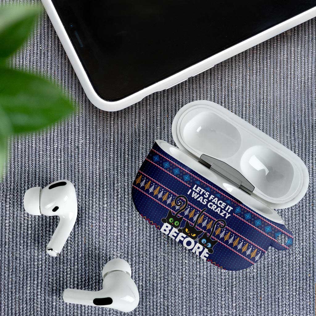 Crazy Cat Lover AirPods Case with Black Cats and Funny Quote in Blue Holiday Knit Pattern Design - Wonder Print Shop