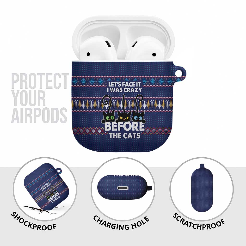 Crazy Cat Lover AirPods Case with Black Cats and Funny Quote in Blue Holiday Knit Pattern Design - Wonder Print Shop