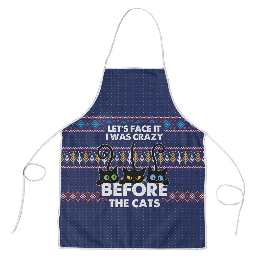Crazy Cat Lover Apron with Black Cats and Funny Quote in Blue Holiday Knit Pattern Design - Wonder Print Shop