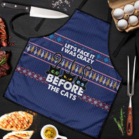 Crazy Cat Lover Apron with Black Cats and Funny Quote in Blue Holiday Knit Pattern Design - Wonder Print Shop