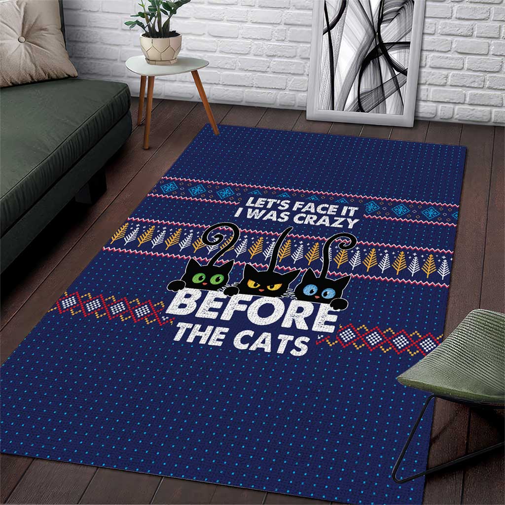 Crazy Cat Lover Area Rug with Black Cats and Funny Quote in Blue Holiday Knit Pattern Design - Wonder Print Shop