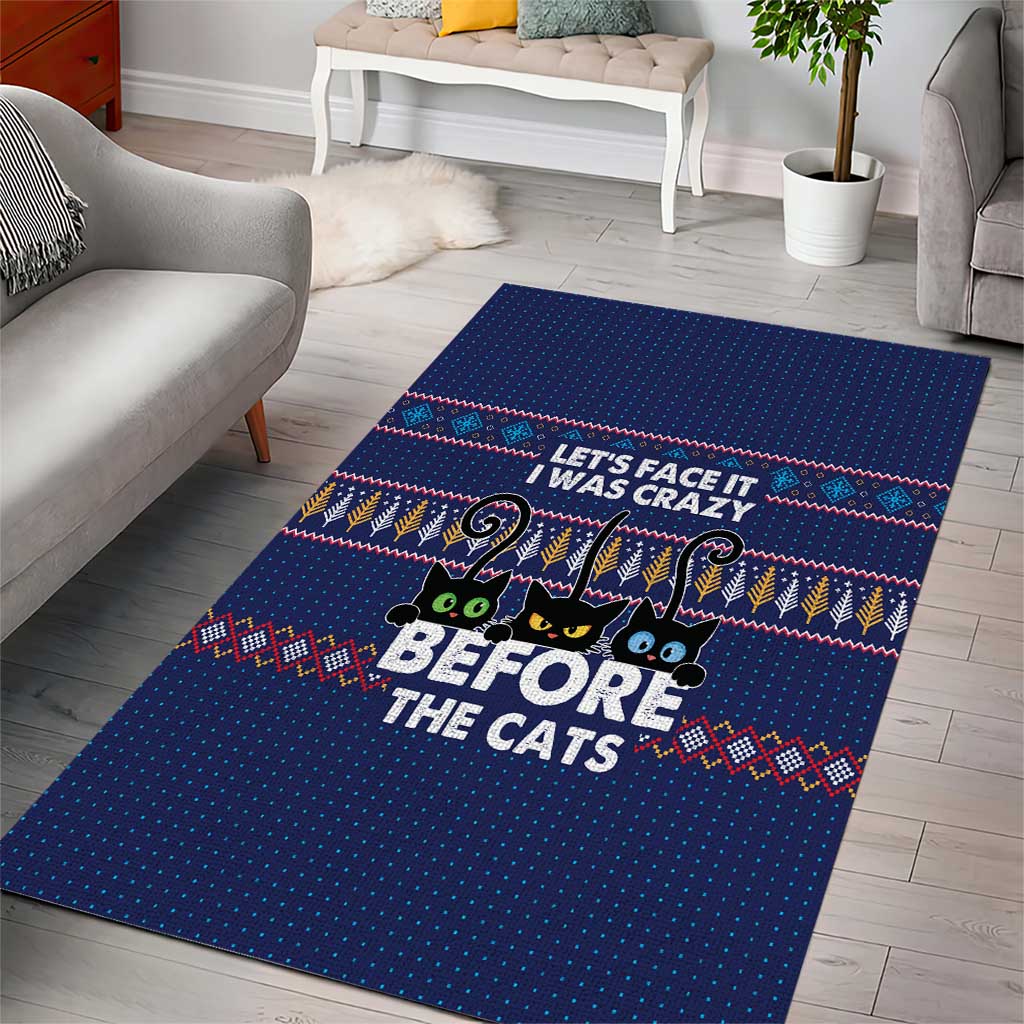 Crazy Cat Lover Area Rug with Black Cats and Funny Quote in Blue Holiday Knit Pattern Design - Wonder Print Shop