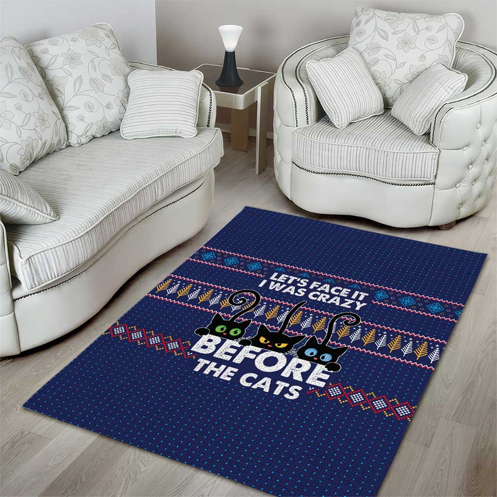 Crazy Cat Lover Area Rug with Black Cats and Funny Quote in Blue Holiday Knit Pattern Design - Wonder Print Shop