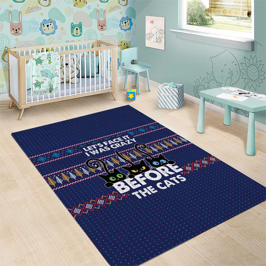 Crazy Cat Lover Area Rug with Black Cats and Funny Quote in Blue Holiday Knit Pattern Design - Wonder Print Shop