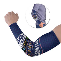 Crazy Cat Lover Arm Sleeves with Black Cats and Funny Quote in Blue Holiday Knit Pattern Design - Wonder Print Shop