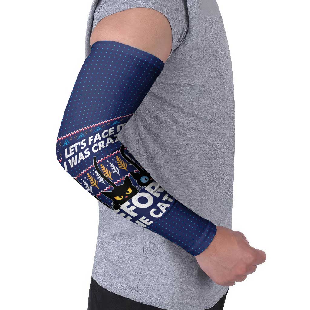 Crazy Cat Lover Arm Sleeves with Black Cats and Funny Quote in Blue Holiday Knit Pattern Design - Wonder Print Shop