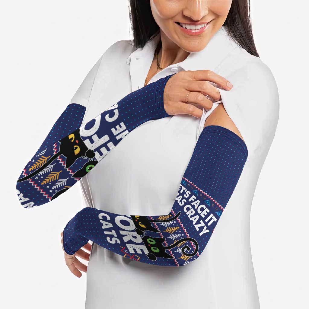 Crazy Cat Lover Arm Sleeves with Black Cats and Funny Quote in Blue Holiday Knit Pattern Design - Wonder Print Shop