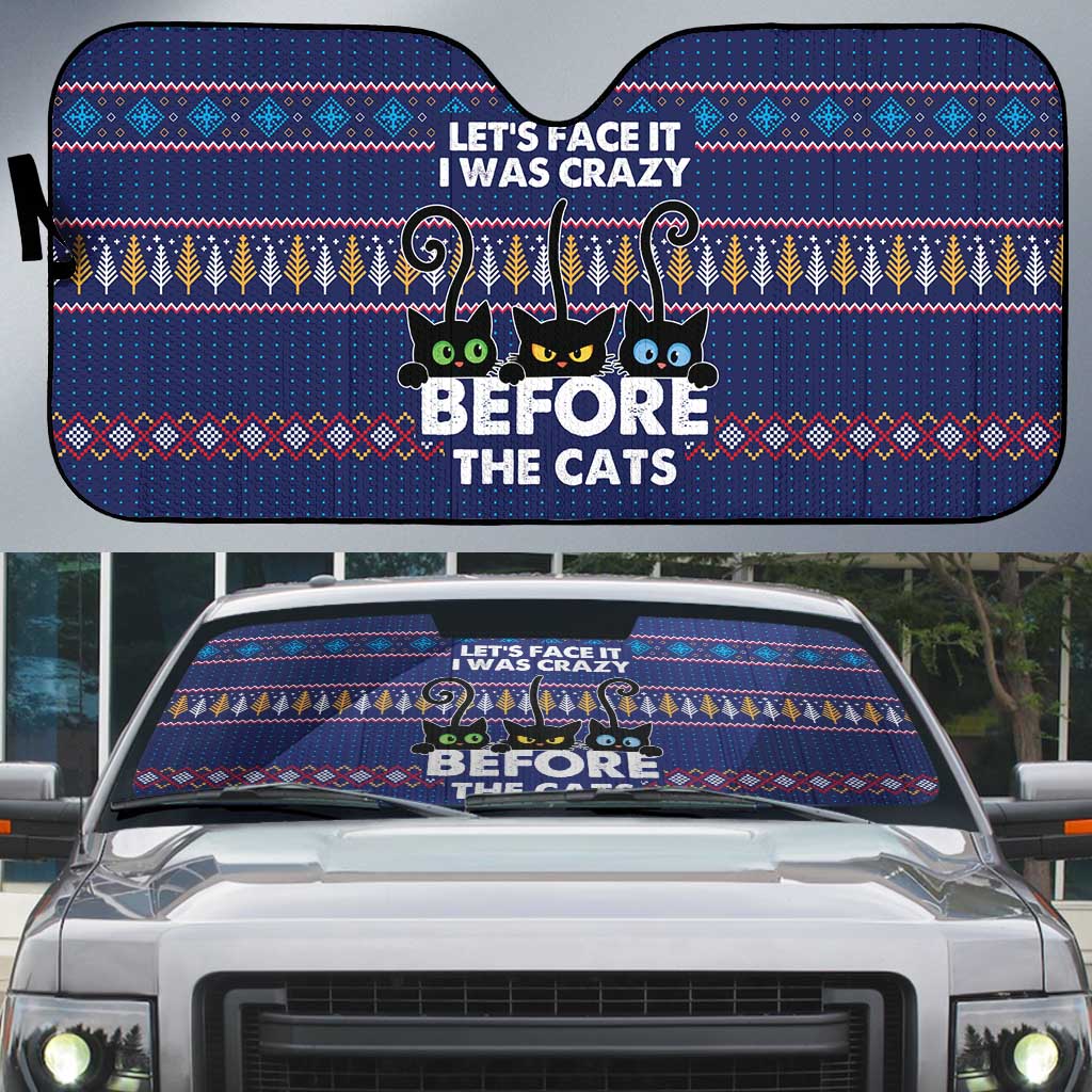 Crazy Cat Lover Auto Sun Shade with Black Cats and Funny Quote in Blue Holiday Knit Pattern Design - Wonder Print Shop