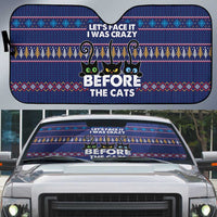 Crazy Cat Lover Auto Sun Shade with Black Cats and Funny Quote in Blue Holiday Knit Pattern Design - Wonder Print Shop