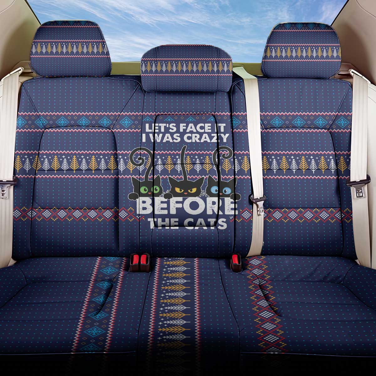 Crazy Cat Lover Back Car Seat Cover with Black Cats and Funny Quote in Blue Holiday Knit Pattern Design - Wonder Print Shop
