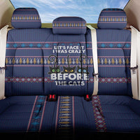 Crazy Cat Lover Back Car Seat Cover with Black Cats and Funny Quote in Blue Holiday Knit Pattern Design - Wonder Print Shop