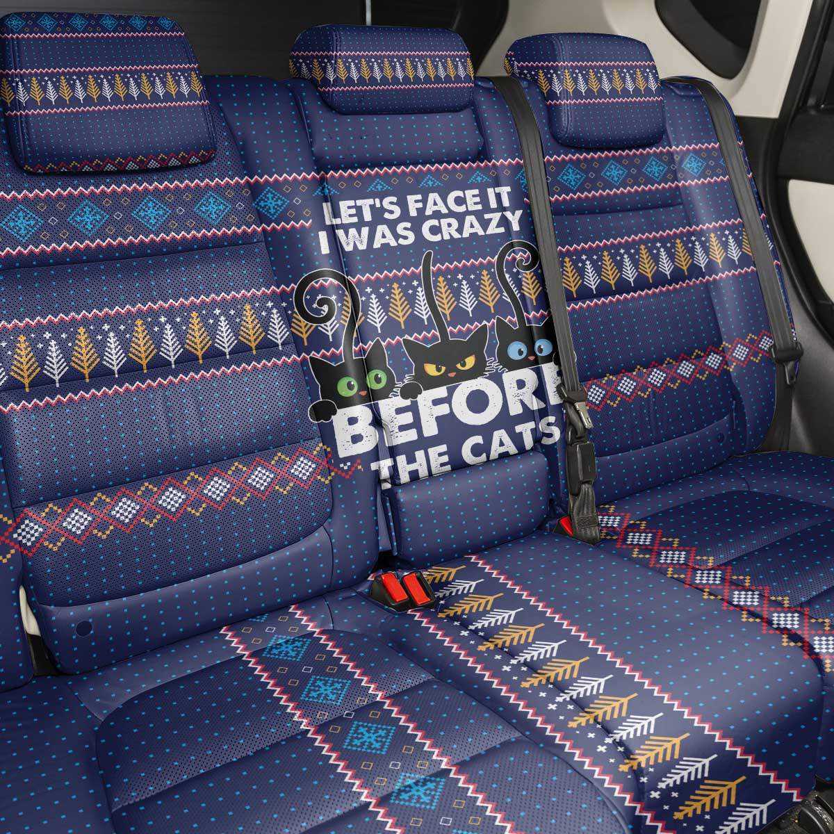 Crazy Cat Lover Back Car Seat Cover with Black Cats and Funny Quote in Blue Holiday Knit Pattern Design - Wonder Print Shop