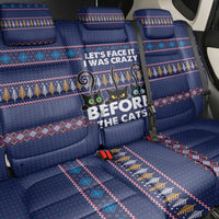 Crazy Cat Lover Back Car Seat Cover with Black Cats and Funny Quote in Blue Holiday Knit Pattern Design - Wonder Print Shop