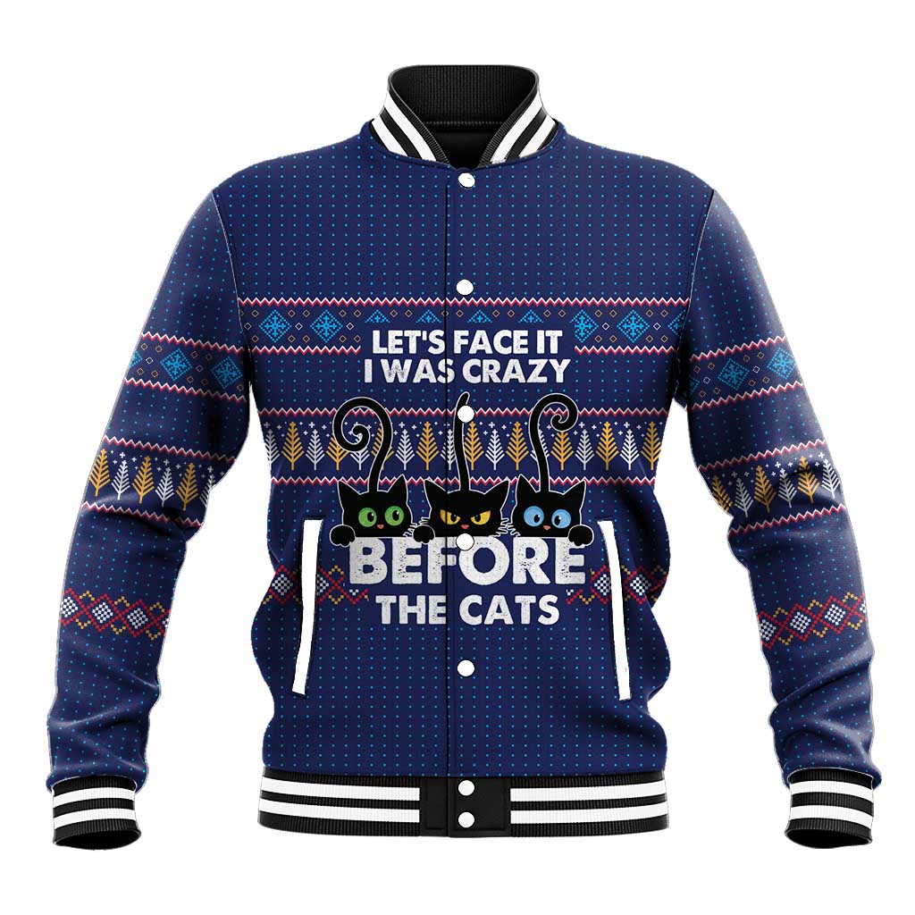 Crazy Cat Lover Baseball Jacket with Black Cats and Funny Quote in Blue Holiday Knit Pattern Design - Wonder Print Shop