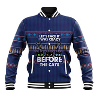 Crazy Cat Lover Baseball Jacket with Black Cats and Funny Quote in Blue Holiday Knit Pattern Design - Wonder Print Shop