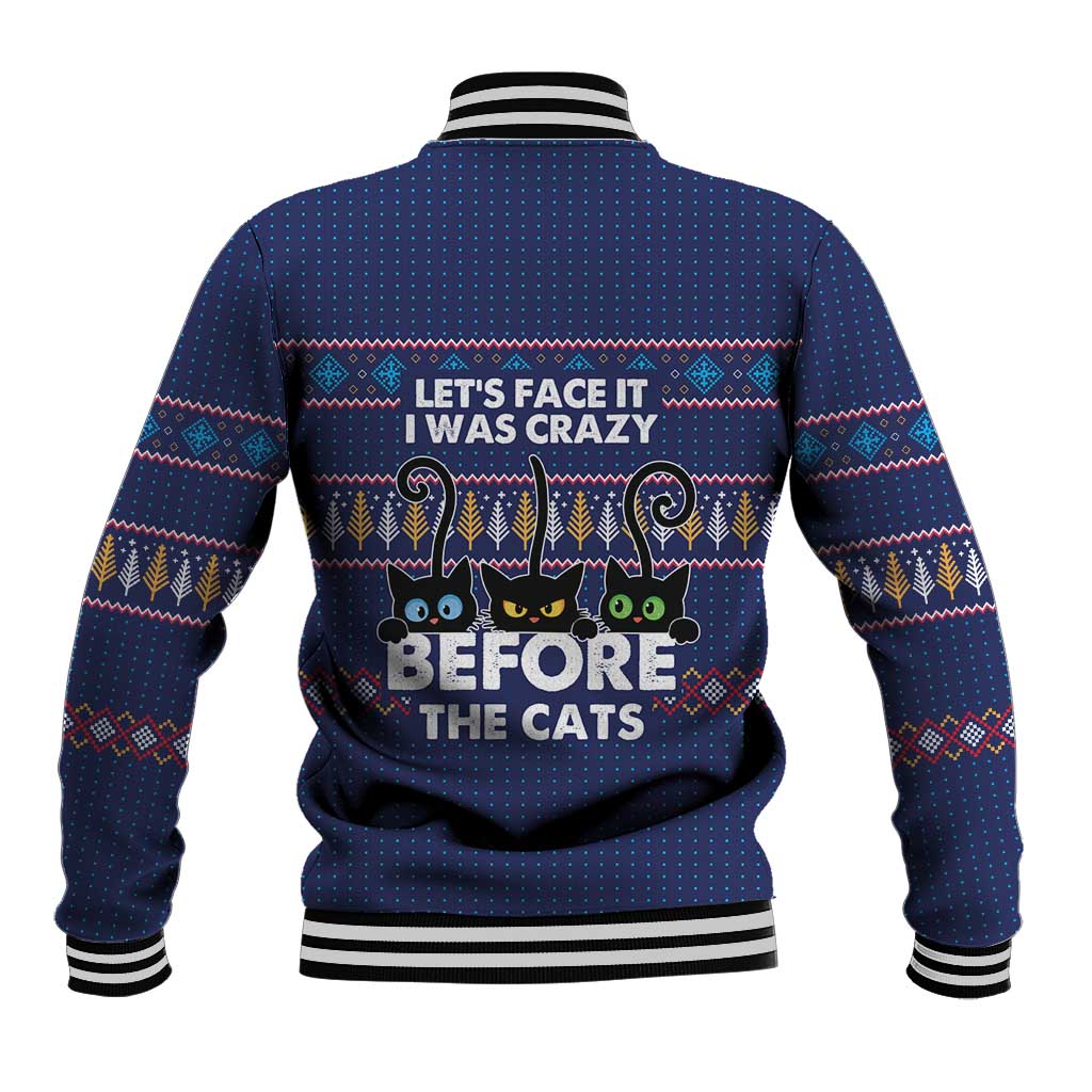 Crazy Cat Lover Baseball Jacket with Black Cats and Funny Quote in Blue Holiday Knit Pattern Design - Wonder Print Shop