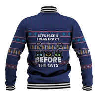 Crazy Cat Lover Baseball Jacket with Black Cats and Funny Quote in Blue Holiday Knit Pattern Design - Wonder Print Shop
