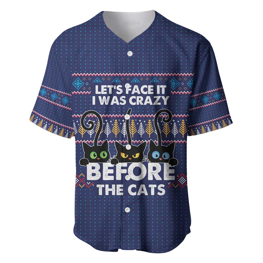 Crazy Cat Lover Baseball Jersey with Black Cats and Funny Quote in Blue Holiday Knit Pattern Design - Wonder Print Shop