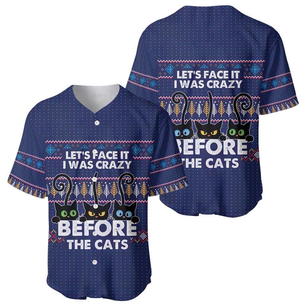 Crazy Cat Lover Baseball Jersey with Black Cats and Funny Quote in Blue Holiday Knit Pattern Design - Wonder Print Shop
