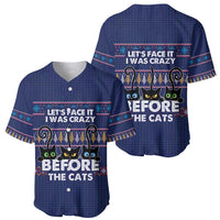 Crazy Cat Lover Baseball Jersey with Black Cats and Funny Quote in Blue Holiday Knit Pattern Design - Wonder Print Shop