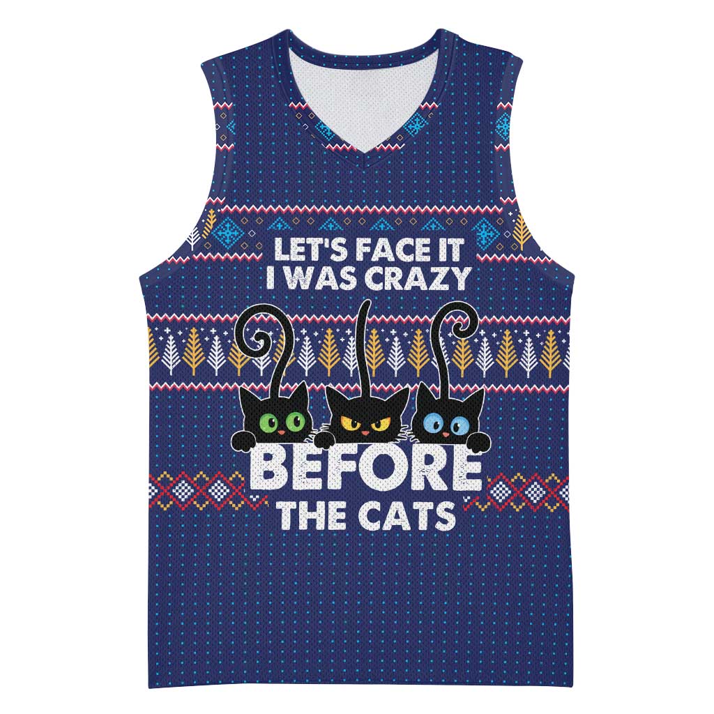 Crazy Cat Lover Basketball Jersey with Black Cats and Funny Quote in Blue Holiday Knit Pattern Design - Wonder Print Shop