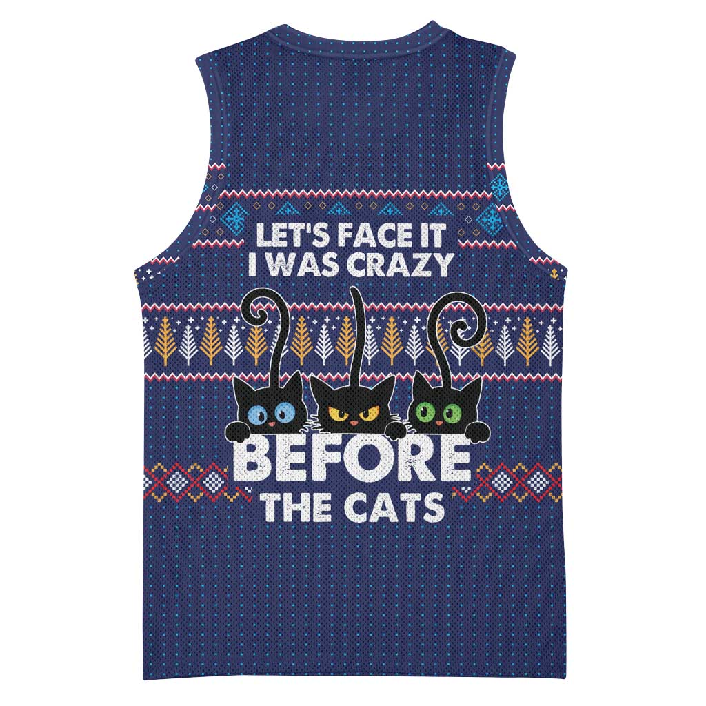 Crazy Cat Lover Basketball Jersey with Black Cats and Funny Quote in Blue Holiday Knit Pattern Design - Wonder Print Shop