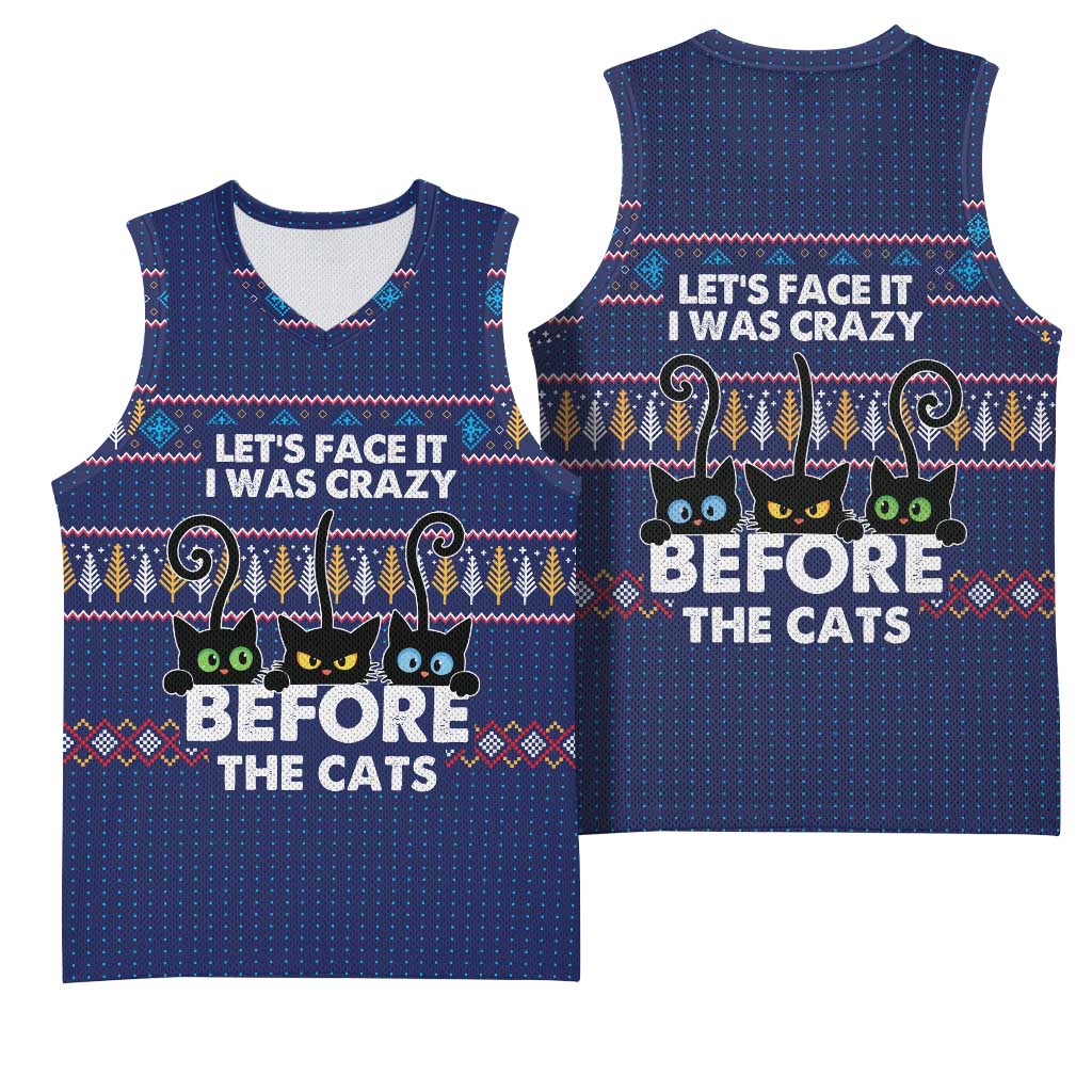 Crazy Cat Lover Basketball Jersey with Black Cats and Funny Quote in Blue Holiday Knit Pattern Design - Wonder Print Shop