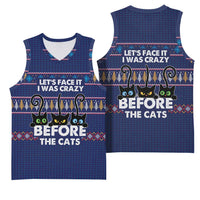 Crazy Cat Lover Basketball Jersey with Black Cats and Funny Quote in Blue Holiday Knit Pattern Design - Wonder Print Shop