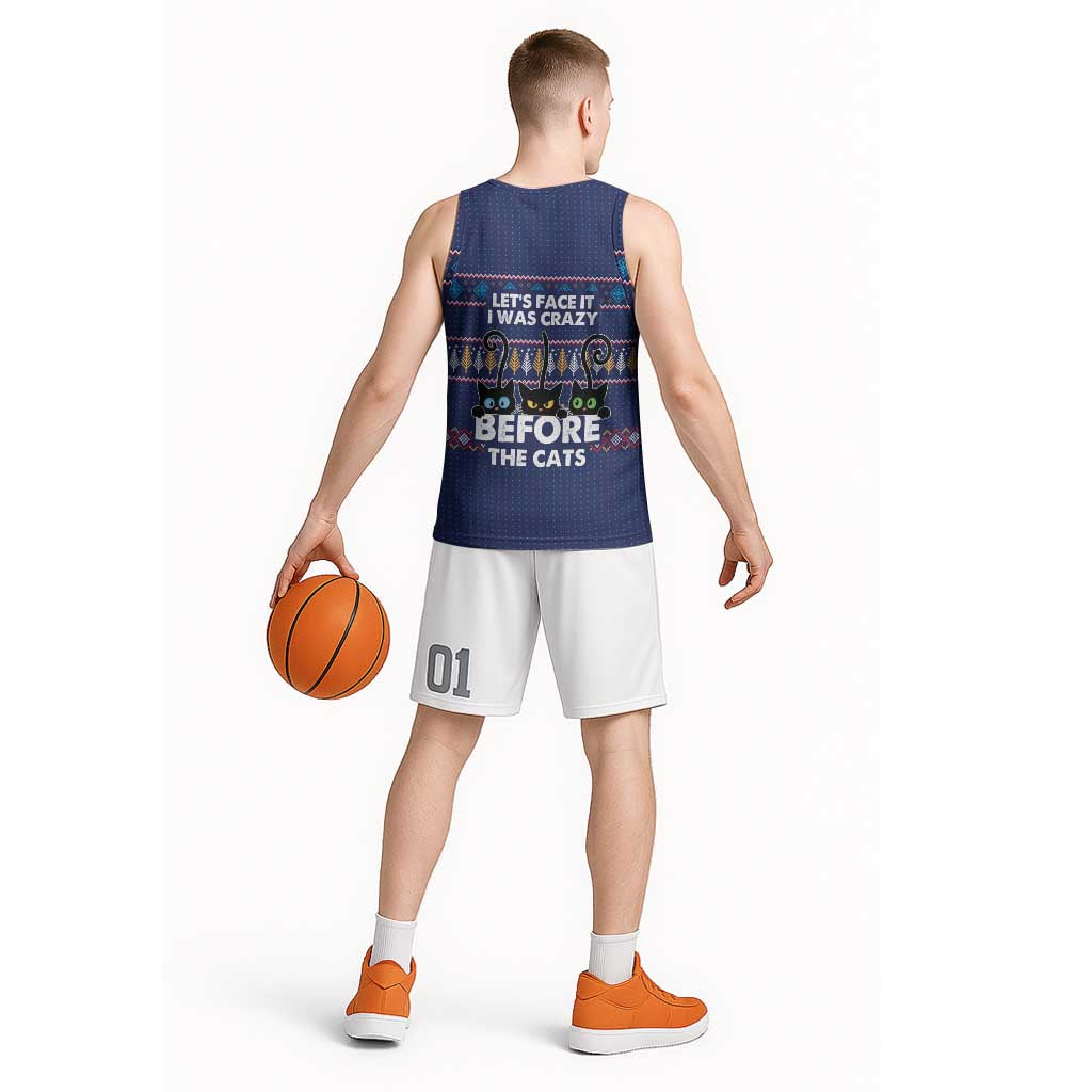 Crazy Cat Lover Basketball Jersey with Black Cats and Funny Quote in Blue Holiday Knit Pattern Design - Wonder Print Shop