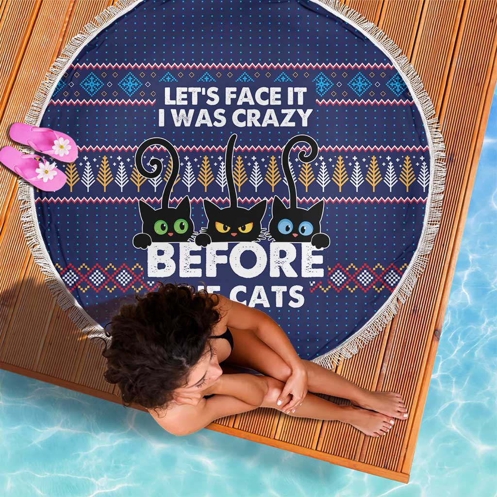 Crazy Cat Lover Beach Blanket with Black Cats and Funny Quote in Blue Holiday Knit Pattern Design - Wonder Print Shop