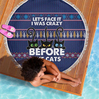 Crazy Cat Lover Beach Blanket with Black Cats and Funny Quote in Blue Holiday Knit Pattern Design - Wonder Print Shop