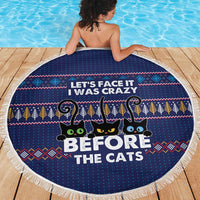 Crazy Cat Lover Beach Blanket with Black Cats and Funny Quote in Blue Holiday Knit Pattern Design - Wonder Print Shop