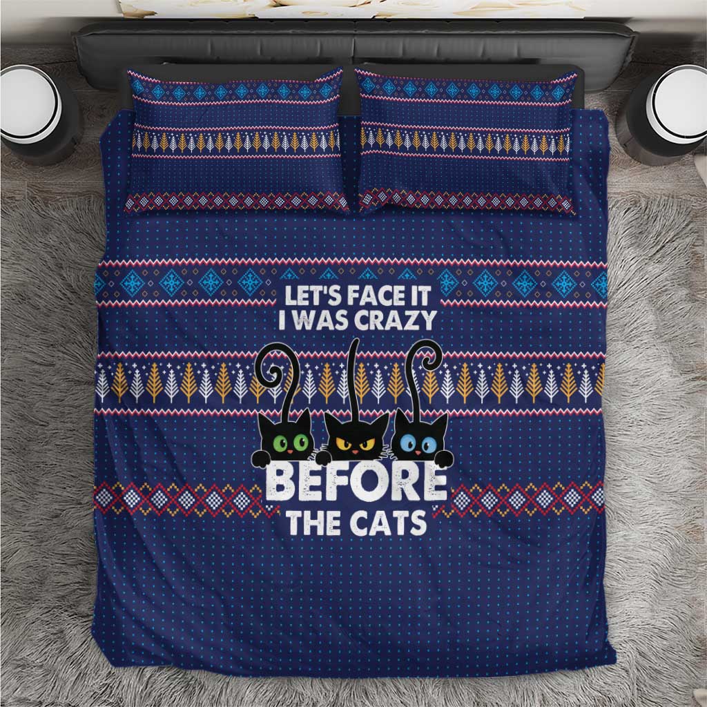 Crazy Cat Lover Bedding Set with Black Cats and Funny Quote in Blue Holiday Knit Pattern Design - Wonder Print Shop