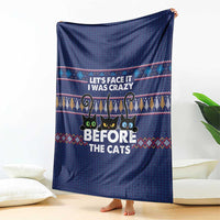 Crazy Cat Lover Blanket with Black Cats and Funny Quote in Blue Holiday Knit Pattern Design - Wonder Print Shop